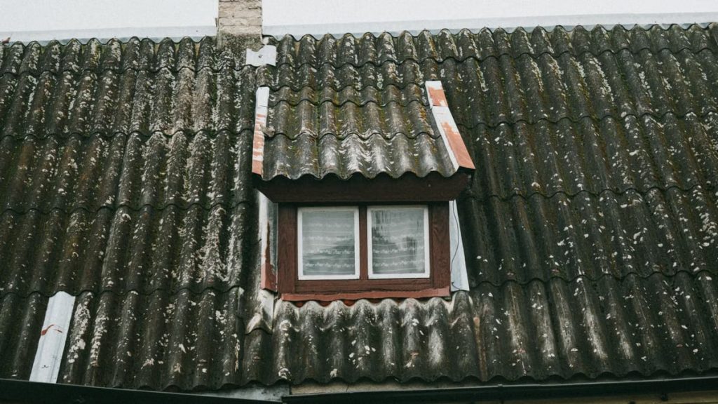 Detailed view of a moss-covered roof with a small window in rural Poland, capturing rustic charm.